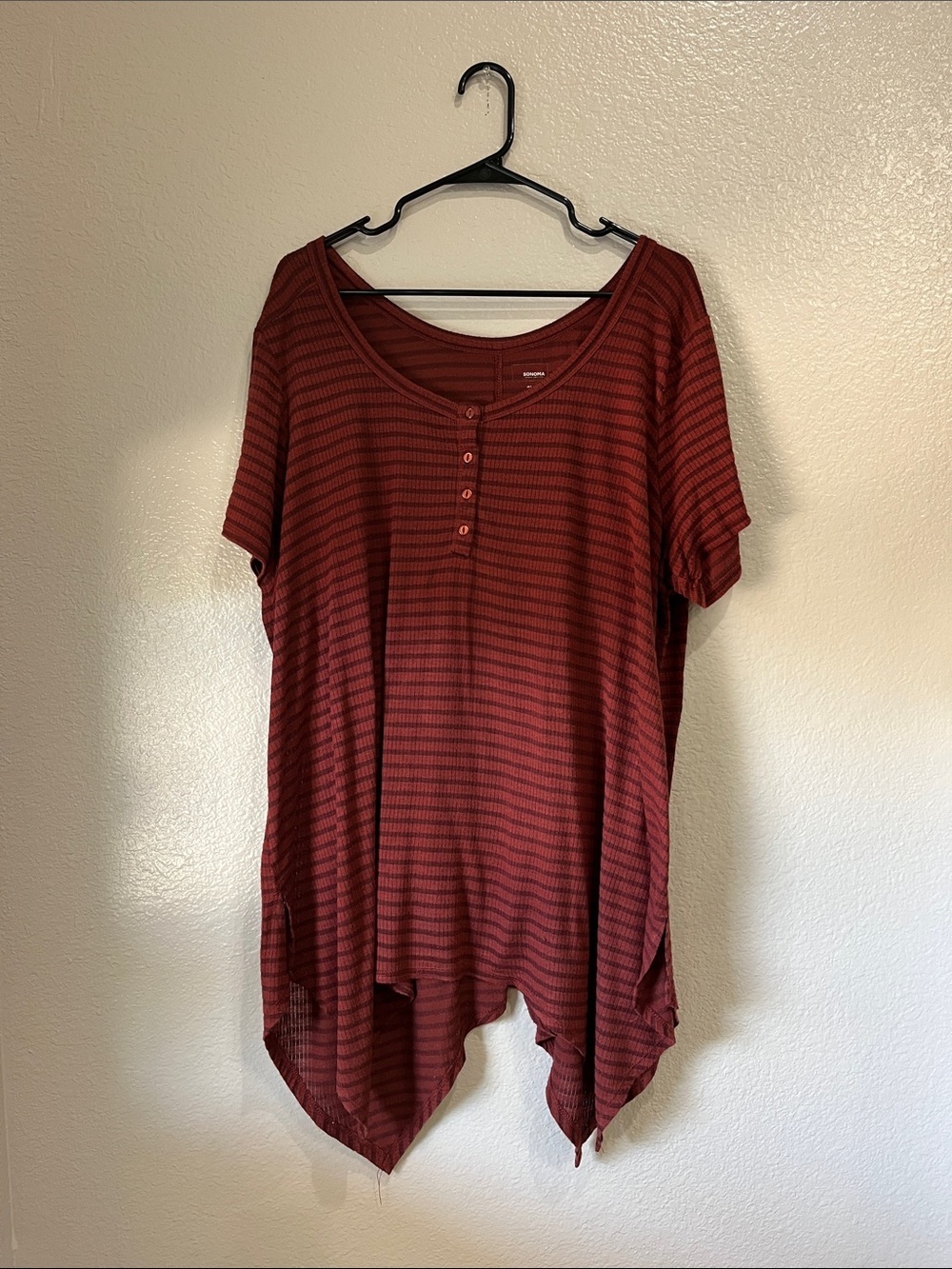 Sonoma Burgundy Striped Henley Tunic Top Sz 2X Flowy Lightweight Casual boho